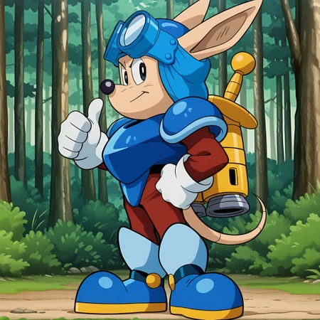 Sparkster, blue armor, 1boy, jetpack, goggles on head, (helmet:2), white gloves, full body, thumbs up, looking at viewer, smirk, forest background, sword on back, from side, hand on own hip, anime screencap,