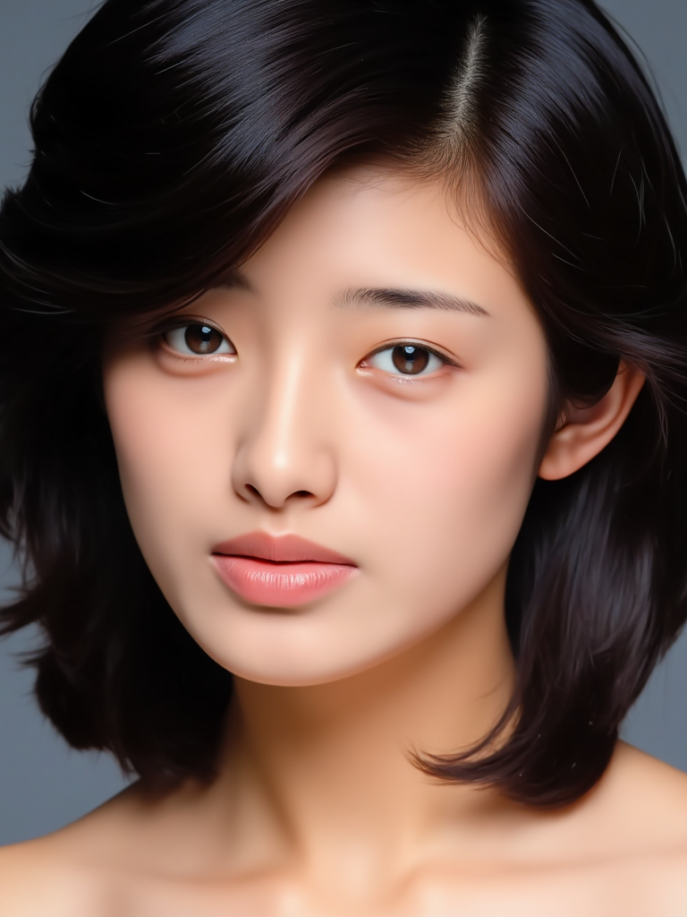 There are wonderful studio lights and various reflections,
18yo beautiful cute girl with blushing and female orgasm.skin naturally showing the texture of blood vessels and detailed pale skin,
--,
<lora:Yamaguchi_Momoe_f1_rank2_bf16:1>,she is Yamaguchi Momoe,
--, The image is a close-up portrait of a young Asian woman. She has shoulder-length,straight hair with bangs that fall over her shoulders. Her hair is styled in loose waves and falls over her forehead. She is completly nude and is looking directly at the camera with a slight smile on her lips. high quality,photorealistic,soft lighting,high quality,film grain,light reflections.,,