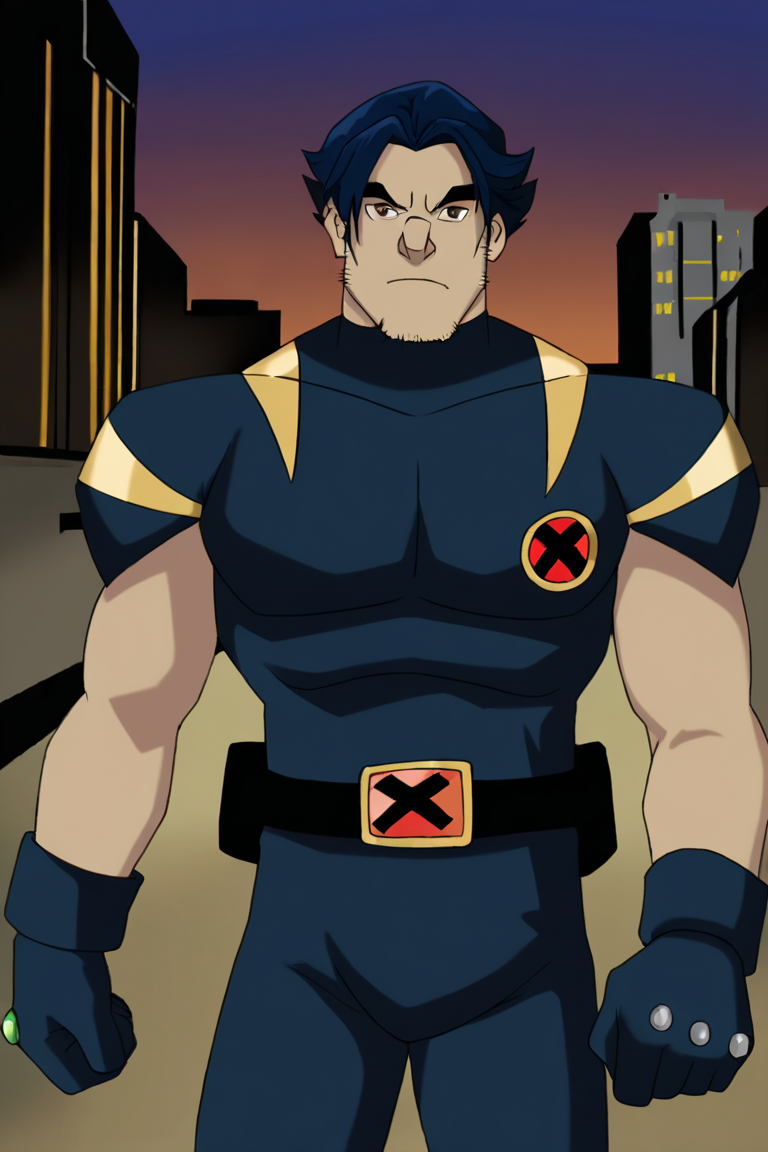 masterpiece, best quality, highres, newest, logan, xevosuit, 1boy, solo, male focus, mature male, short hair, dark blue hair, brown eyes, thick eyebrows, facial hair, stubble, sideburns, bodysuit, dark blue bodysuit, short sleeves, dark blue gloves, black belt, muscular, looking at viewer, standing, cowboy shot, outdoors, city, building <lora:Wolverine (Logan) X-Men Evolution (Second Suit+Logan) v1.1 [LoRA] - NoobAI-XL EPS 1.0:0.8>