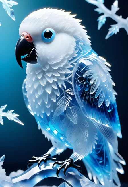 a pretty white bird parakeet made from Jed-Blmicry, masterpiece, full of details, <lora:BioIceCrystalStyle-000006:0.7>,
