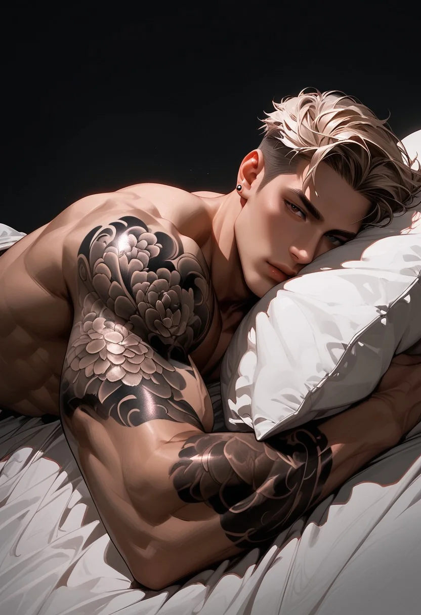 score_9, score_8_up, score_7_up, very aesthetic, 1boy, handsome, solo, ass focus , naked, laying on stomach in a white bed, underarm hair, relaxed, head resting in a pillow, perfect ass, homoerotic, looking at viewer, perfect face, dramatic lighting, vivid grey background, above side view, floral arm tattoo, floral shoulder tattoo,