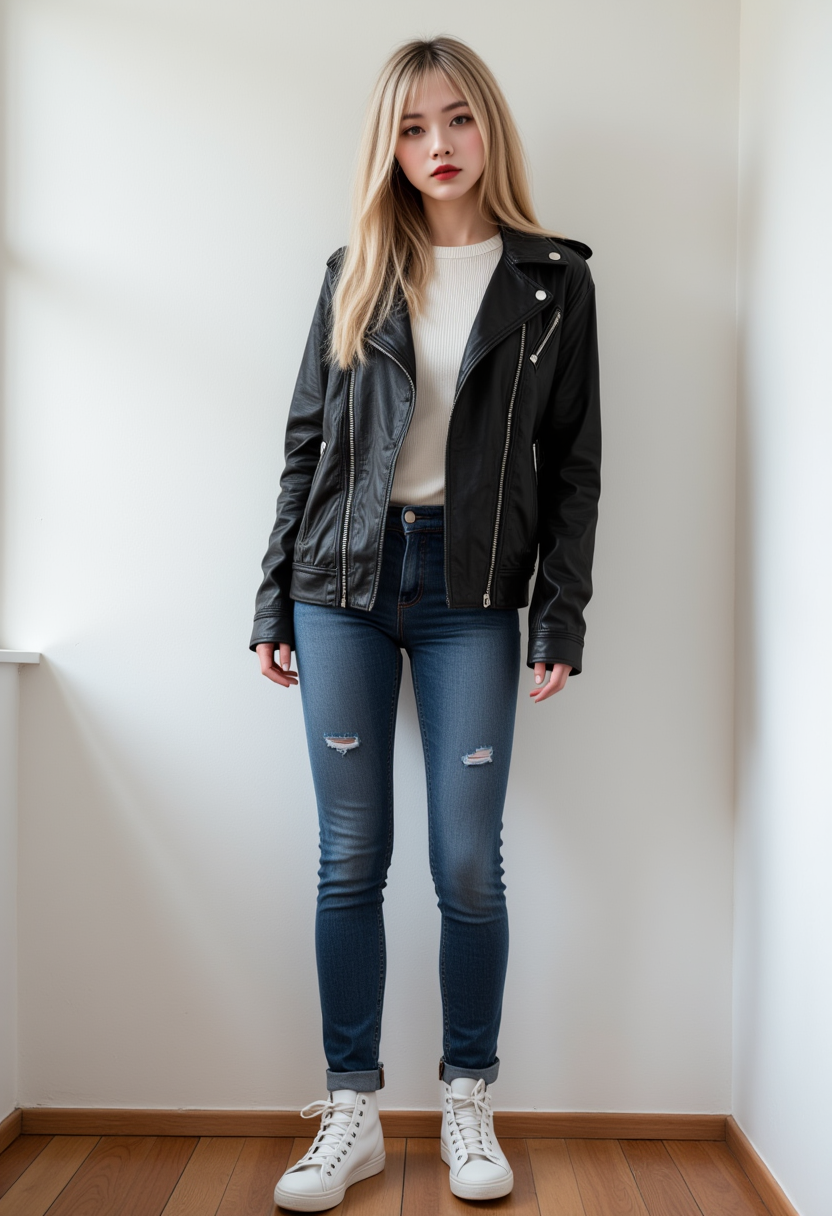 She is approximately 18 years old. Hyperrealism, she is looking at the camera, (dynamic angles), headshots of a beautiful, stunning unique female character. she has hair. her brown eyes are filled with joy and excitement, extravagant eyelashes,  A photo of Ae-cha, a woman, is shown. She has blonde hair and is wearing a black leather jacket, denim blue jeans, and white sneakers. wooden floor. standing. The photo is in black and white, giving it a classic and timeless feel. Ae-cha is posing for the camera, with a hint of a smile on her face. The composition of the photo is simple and elegant, focusing on the subject and her outfit..  She has a slight smile on her face and is looking directly at the camera. The background is a simple white wall.. making this image a masterpiece of photography and digital art. Style: realistic hyper-detailed rendering, 32k UHD, expressive eyes, punk, graphic design, girl's face, pretty and cute, gleaming lips, white skin, telling a tale of adventure. Exuding confidence and serenity. The background is a simple white wall. The overall mood of the image is happy and relaxed.RAW candid cinema,16mm,color graded portra 400 film,remarkable color,ultra realistic,textured skin,remarkable detailed pupils,realistic dull skin noise,visible skin detail,skin fuzz,dry skin,shot with cinematic camera,detailed skin texture,(blush:0.2),(goosebumps:0.3),subsurface scattering,beautiful photograph in the style of Augustus John,Sergio Toppi,Virginia Frances Sterrett,8k HD,detailed skin texture,ultra realistic,textured skin,analog raw photo,cinematic grain,whimsical,detailed hand,perfect hand.perfect style.