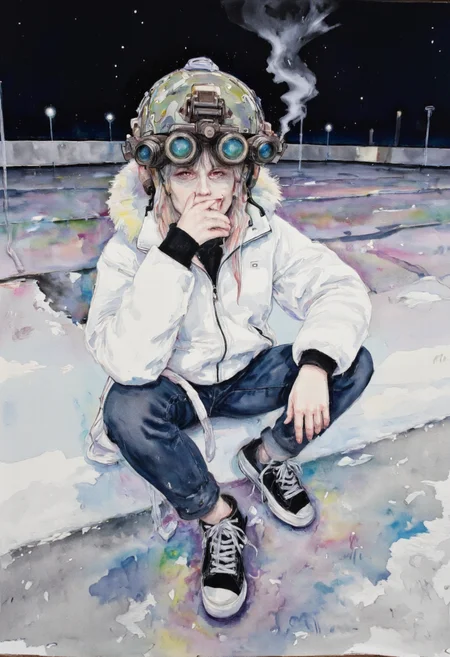 Watercolor painting of, a woman wearing a modern military helmet equipped with night vision goggles smoking a cigarette, The helmet has a camouflage pattern and is equipped with communication equipment. The night vision goggles are GPNVGs attached at the front four black tubes extending outwards from the front with four green lenses that sit above her eyes, has blonde choppy hair with long bangs, and is wearing a white parka with fur lined hood, skinny jeans, and high top sneakers, she is sitting in a snowy empty parking lot at night