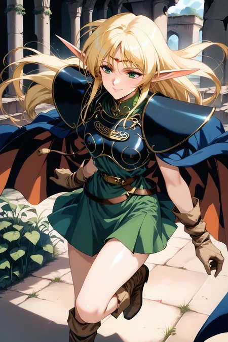 score_9, score_8, score_7, score_6_up, score_5_up, from above,
deedlit, circlet, shoulder armor, breastplate, green tunic, gold choker, arm_wraps, belt, brown footwear, boots, ruby circlet, gold line filigree decoration, short tunic, short skirt,
1girl, long hair, blonde, elf, navy blue breastplate, navy blue shoulder armor, sleeveless, leather gloves, Cloak, green shirt, brown gloves, two-tone cape, long boots,long cape,
beautiful face, 24 years old,
smile, green eyes,
bangs,
record of lodoss war,
cowboy shot,
ruins, running,
<lora:Degen_Deedlit_v1:0.55>, <lora:TOO_NobuteruYuuki_v3B_PonyXL:0.55>, <lora:PirotessXLpony001:0.3>, <lora:Urushihara Satoshi_XL_PONY_V2:0.4>, <lora:Sinozick_Style_XL_Pony:0.2>, <lora:DefaultZ17:0.2>, <lora:style1:0.2>, <lora:pixivtext2:0.2>, <lora:flyx3_XL_PONY:0.2>
