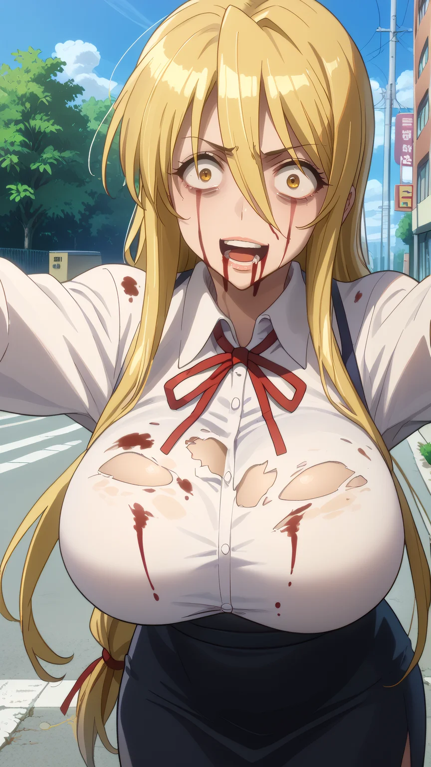 score_9, score_8_up, score_7_up, 1girl, solo, looking at viewer, anime coloring, cowboy shot, close-up,
<lora:Shizuka_Marikawa_Dwnsty:0.8>, shizuka_marikawa, blonde hair, yellow eyes, long hair, low-tied long hair, hair between eyes, sidelocks, white shirt, collared shirt, red ribbon, neck ribbon, black skirt, pencil skirt, long skirt, torn clothes,
lips, huge breasts, smile, mature female, hotd_zombie, undead, blood, blood on face, nosebleed, blood on clothes, anime coloring, wide-eyes, constricted pupils, anger vein, angry, arms up, hands up, open mouth, saliva, pale skin, outstretched arms, expressionless,
outdoors, street, blue sky, highway,
<lora:Zombie_Hotd_Dwnsty:0.8>