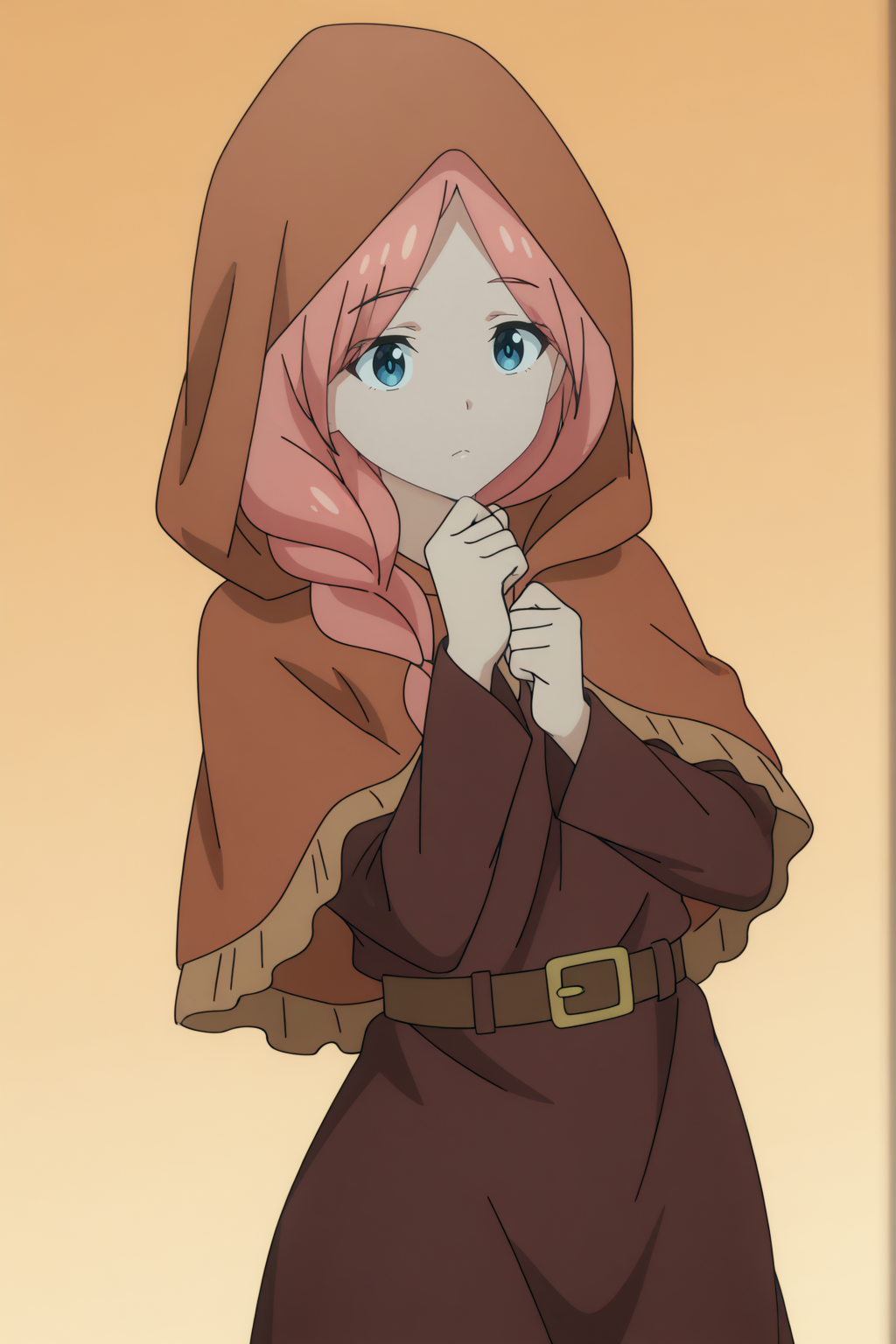 newest, dynamic pose, Shoujo no Haha,  long hair, single braid, dress, hair over shoulder, hood up <lora:Konosuba_Bakuen_-_Travel_Shoujo_-_illustrious:0.8>