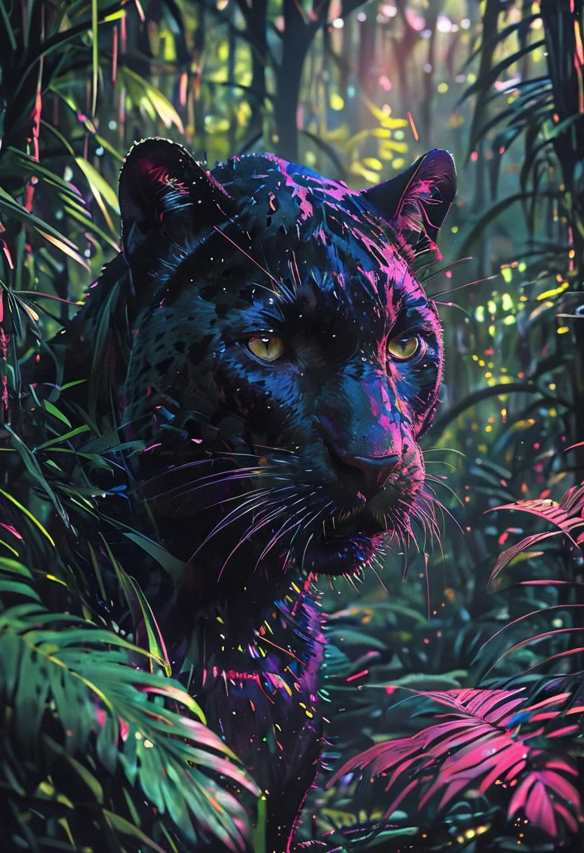 An ultra-realistic depiction of a black panther in a dark, ambient jungle setting. The panther's fur is intricately detailed, with a glossy sheen that catches the faint light filtering through dense foliage. glitched aesthetic that introduces unexpected distortions and color shifts. Shadows play across the scene, emphasizing the panther's powerful presence as it prowls through the lush, dark undergrowth.
[style of greg rutkowski,janek sedlar,jenny saville:0]  <lora:vivid_everclear:0.35>  <lora:Sinozick:0.35>  <lora:MJ52:0.35>