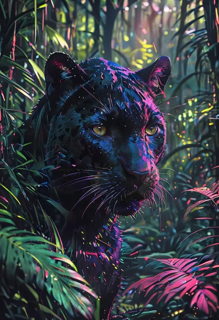 An ultra-realistic depiction of a black panther in a dark, ambient jungle setting. The panther's fur is intricately detailed, with a glossy sheen that catches the faint light filtering through dense foliage. glitched aesthetic that introduces unexpected distortions and color shifts. Shadows play across the scene, emphasizing the panther's powerful presence as it prowls through the lush, dark undergrowth.
[style of greg rutkowski,janek sedlar,jenny saville:0]  <lora:vivid_everclear:0.35>  <lora:Sinozick:0.35>  <lora:MJ52:0.35>