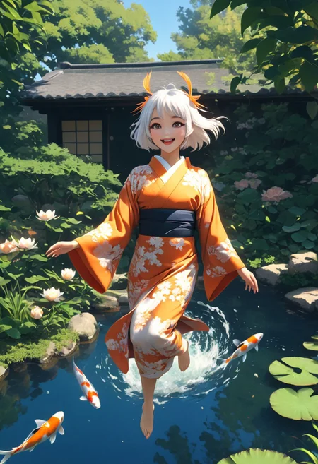 FFCB, simple Anime, masterpiece, best quality, ultra-detailed, cinematic lighting, beautiful composition, depth of field, sunlight BREAK 1girl, solo, skinny, flat chest, dynamic pose, bare feet, jump, jumping BREAK (looking at bowl), (single hand holding bowl), (single hand holding two chopsticks), ((chopsticks)), single white bowl BREAK intricate orange kimono, japanese clothes, open mouth, smile, blush, white hair, fox ears, long hair, white eyelashes, bangs, sharp canine tooth, orange eyes, ((vertical pupils)), (animal pupils), dark skin BREAK outdoors, water splashes, serene Japanese garden with koi fish swimming in a pond and water lilies (koi fish underwater) BREAK full body portrait, full body shot, half sideways