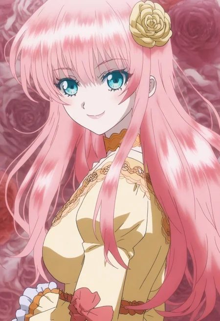 <lora:RisheIrmgardWeitzner-XL-v1:0.7>(risheirmgardweitzner,pink_hair,aqua_eyes,:1.0), (yellow_formal_dress,yellow_lace_choker,rose,hair_ornaments,:1.0),
grinning, happy, she holds a white Valentine's day card with a pink heart on it, a vibrant pink hearts background