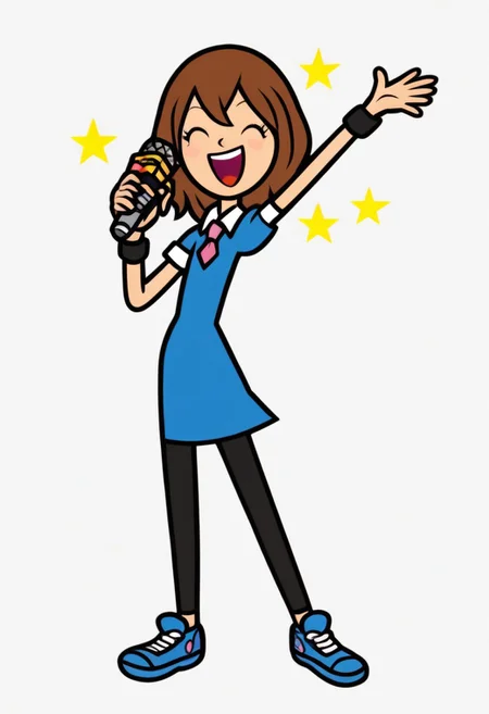 masterpiece, score_9_up, score_8_up, score_7_up, Standing still, microphone, happy, smiling, Rhythm heaven, Thick outline