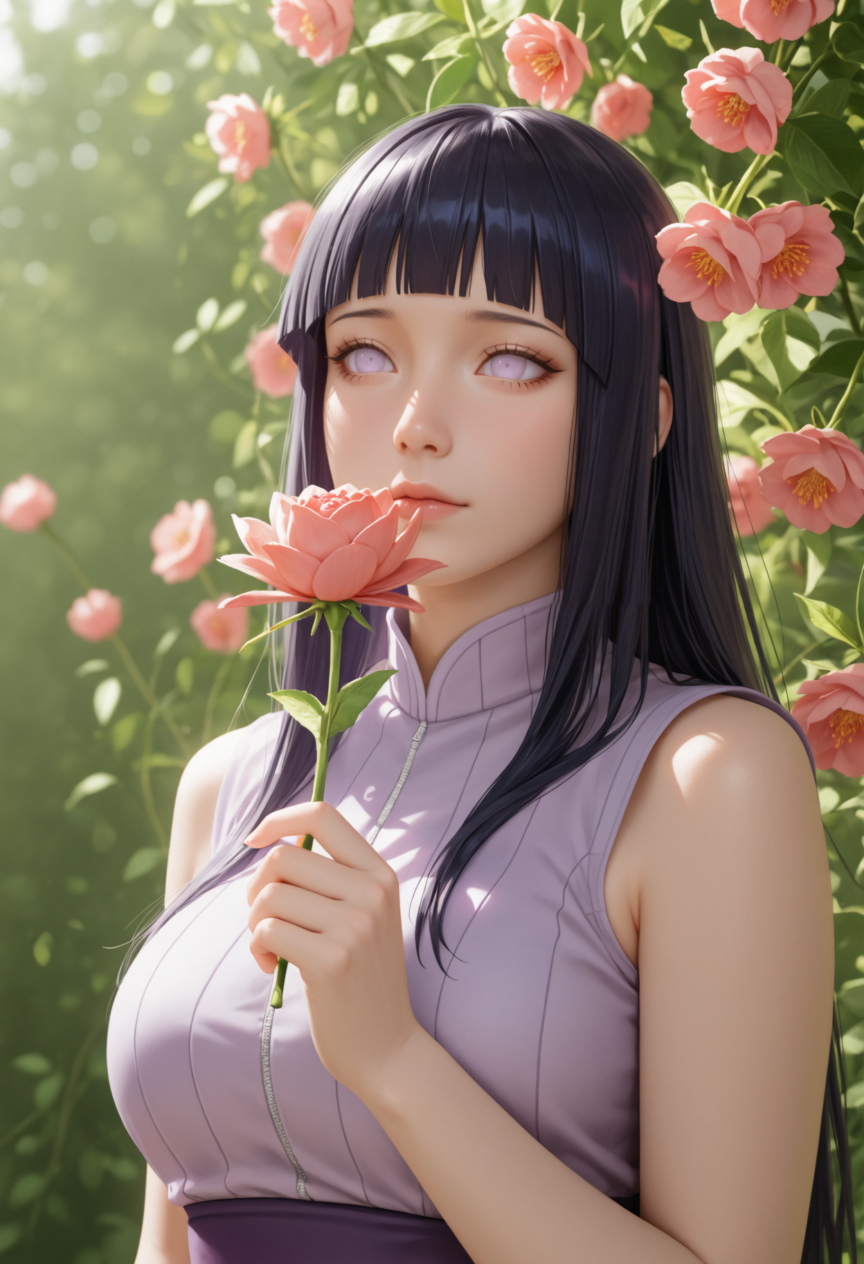 masterpiece, best quality, realistic, 
hyuuga_hinata, naruto_(series), 1girl, solo, black_hair, purple_eyes
 holding flowers
garden, flowers, soft lighting, vines, flowers in background, long hair, sleeveless, purple outfit,