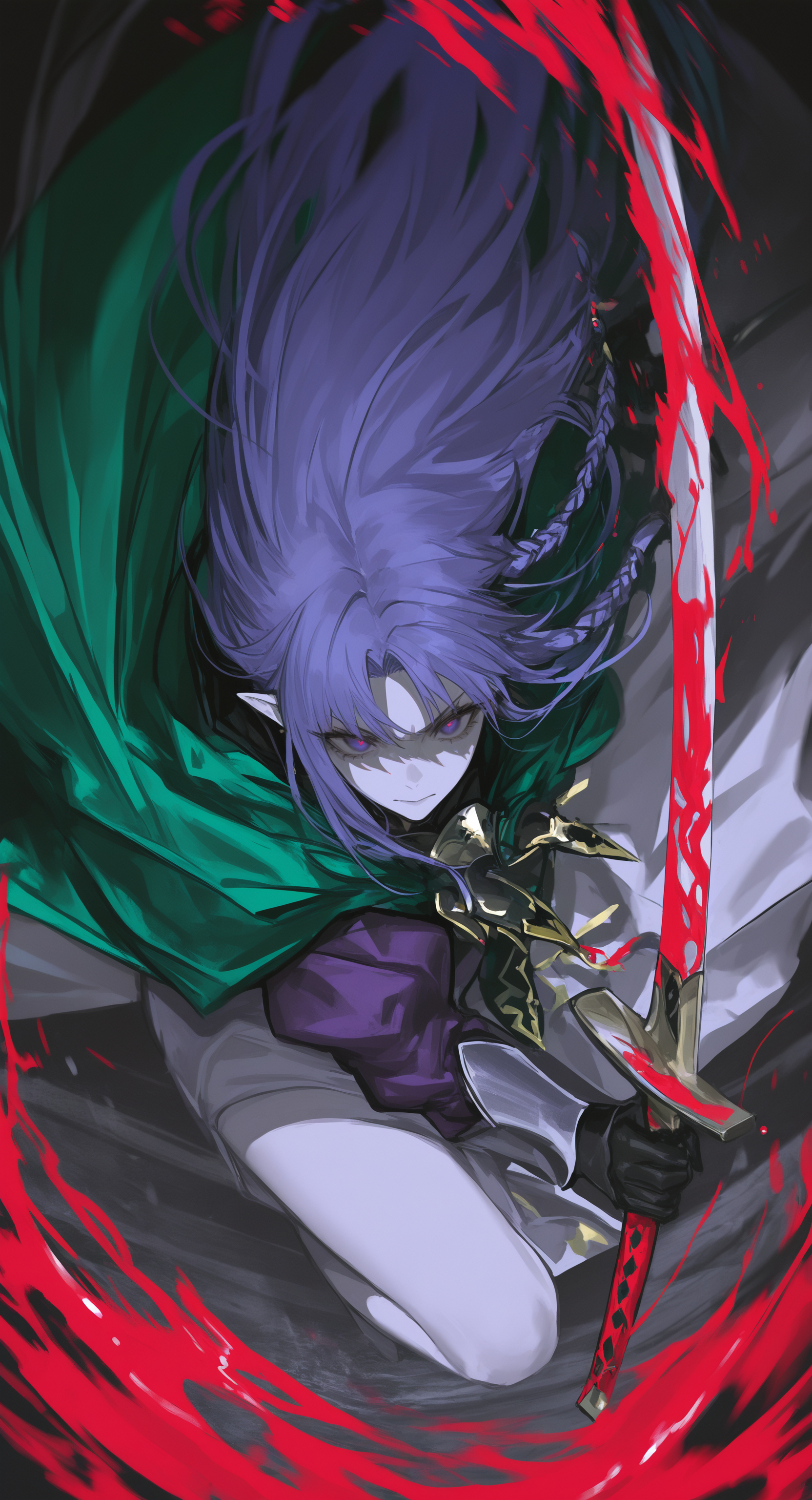 masterpiece, best quality, good quality, very awa, very aesthetic, absurdres, newest, Medea \(Fate\), 1girl, sword holding, ready pose, dynamic pose, action motion, rage, motion blur, vivid colors, ink, partially colored, pointy ears, blood colors, green mantle, purple hair, purple eyes, 748cmstyle <lora:noobai_ep11_stabilizer_v0.138_fp16:0.3> <lora:NOOB_vp1_detailer_by_volnovik_v1:0.3> <lora:ponyv6_noobV1_2_adamW-000017:0.3> <lora:USNR_STYLE_XL_lokr:0.45> <lora:745cmSDXLvpred75S:0.5> <lora:dhjs_0010-noobaiXLNAIXL_vPred_V10_V1-CAME:0.7>