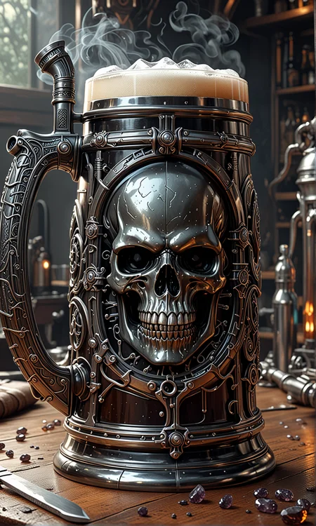 giger themed beer tankard, metal, epic, made of Smoky Quartz, detailed, 8k, professional ominous concept art, by artgerm and greg rutkowski, an intricate, elegant, highly detailed digital painting, concept art, smooth, sharp focus, illustration, in the style of simon stalenhag, wayne barlowe, and igor kieryluk