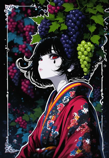 score_9, score_8_up, score_7_up, concept, solo, source_anime, pop art, holding grapes, 1 girl, geisha, fancy kimono, grape theme, framed by giant grapes, (chibi), Mini girl, cute, white makeup, dew on grapes, semi realistic, perfect eyes, holding onto stem of grapes, interacting with medium, grapes affected by gravity,

extremely detailed, abstract background, portrait, detailed background, beautiful girl, short hair, elegant pose, black hair, close up, 2d, thick outline, white outline, depth of field, close up, standing, in lush leaves, shiny skin,
masterpiece ,amazing quality, looking at viewer,, intricate details , sometyome_illu ,xxx667_illu, reij-incs, flowing hair, thin white outline,