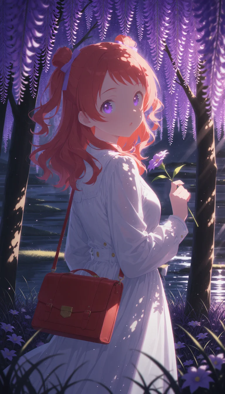 1girl, hanami saki, gakuen idolmaster, purple eyes, brownish red hair, sphere shaped buns, two side up, swept bangs,
((:o,open eyes,confussed):1.1),
(standing,holding single flower_stalk)
wearing Bohemian Outfit, hair ribbon,
BREAK
(looking at viewer:1.2), looking back seductively,
under tree, branch, (purple wisteria:1.3), bag, (purple grass:1.4), misty lake,
dreamy atmosphere,
QUALITY
(masterpiece, very aesthetic, absurdres),
BREAK
at dusk, haze, (cowboy shot,from front), , portrait, (dappled sunlight:1.3), (sunbeam:1.1), (sunlight from side:1.2), (light rays:1.1), dramatic lighting, (glowing:1.4), (particles:1.2), (blurry background:1.1), (blurry foreground:1.3), purple shadow, high contrast
<lora:outline_xl_end:-12>, <lora:d\EnvyZoomSliderXL01:1.5>, <lora:aesthetic_anime_v1s:0.5>, <lora:StS-Illustrious-Detail-Slider-v1.0:1.25>, <lora:il_brightness_slider_d1:-0.5>, <lora:darkness_xl_v20:0.5>, <lora:Dramatic Lighting SliderIL:3>,