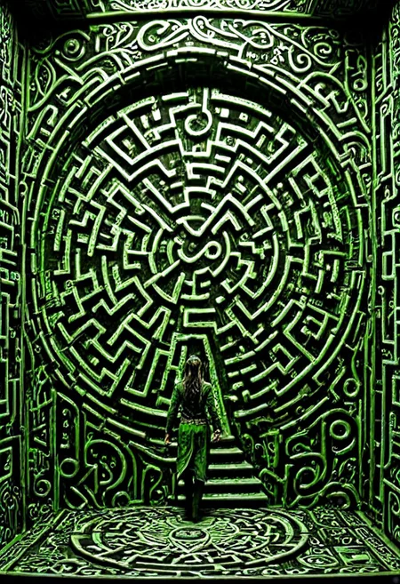 a 3 dimentional maze with stairs and doorways pcb_style maze style, many sigils on the wall, an elven hunter is facing the enigma, high fantasy, lost in time, uncertainty, fundamental incomprehensibility of existence, metaphysical art, masterpiece, best quality