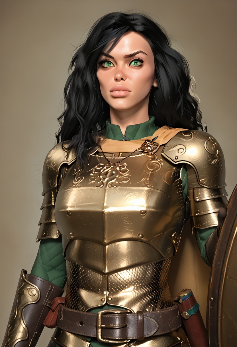 score_9, score_8_up, score_7_up, score_6_up, AOJaguarstyle, rating_explicit, solo focus, cowboy shot, portrait, view from front, upper body focus, 1girl, Pr1ncess_Lara, black hair, long hair, green eyes, armor, chainmail, breastplate, shield, boots, gloves, small breasts, determined expression, cape, belt, necklace, leather,
