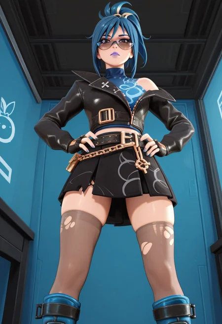 absurdres, masterpiece, best quality, very aesthetic, HDR, 8K, ultra-detailed, femdom, anime, 748cmstyle, standing, from below,
1girl, Hope_Fortnite, solo, blue hair, blue lips, purple lips, makeup, multicolored hair, streaked hair, nail polish, jewelry, ponytail, sunglasses, off shoulder, fingerless gloves, black skirt, black jacket, belt, thighhighs, torn clothes, leather jacket, long sleeves, cropped jacket, boots, asymmetrical legwear, blue footwear, skindentation, hands on hips, shiny skin, (skinny), dominant female,