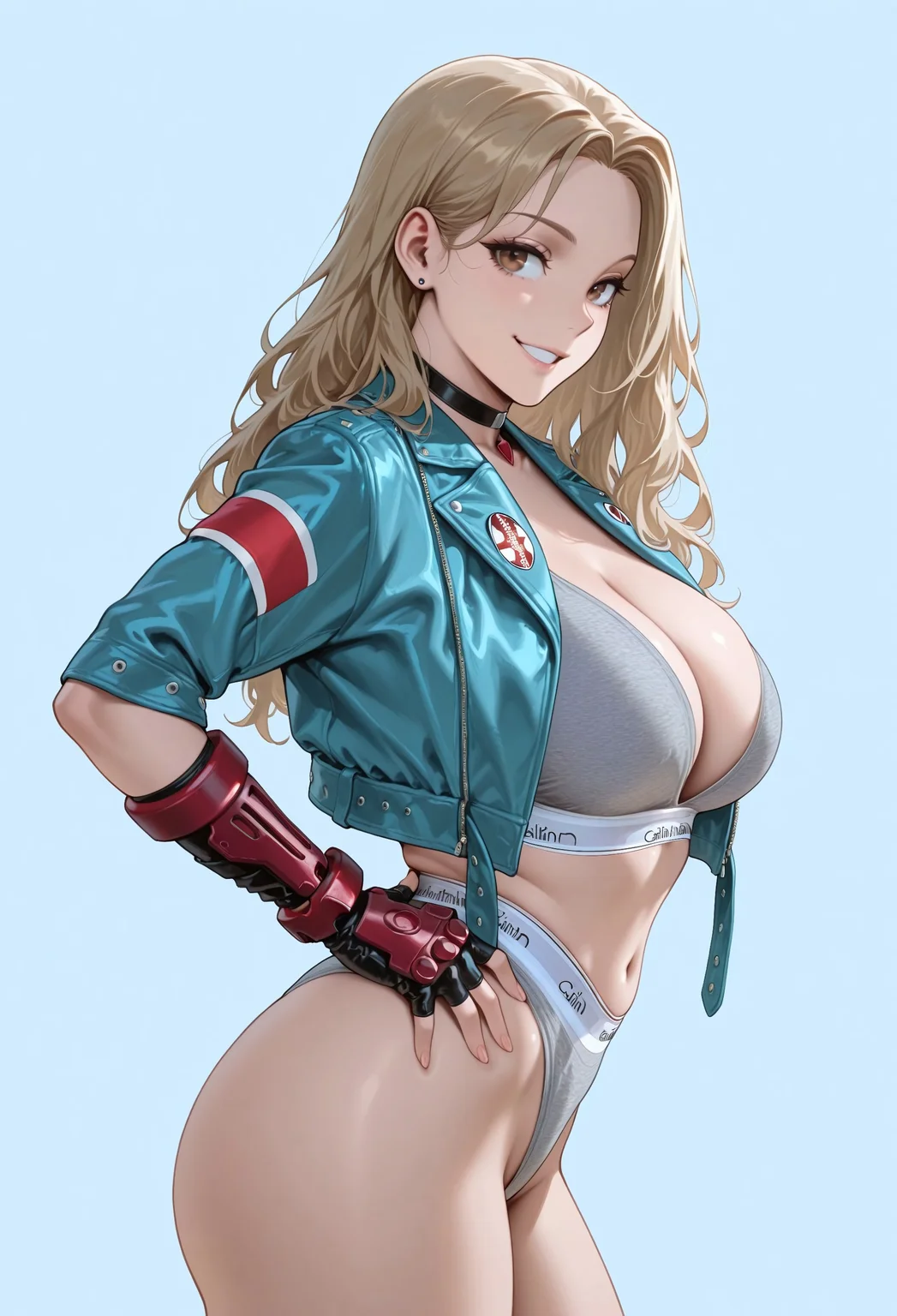 masterpiece, best quality, amazing quality, absurdres,
M1n_J1w0n, 1girl, solo, brown hair, long hair, wavy hair, brown eyes, large breasts,
s3xycammy, black chocker, pendant choker, aqua jacket, leather jacket, open jacket, cropped jacket, union jack, red striped jacket, grey bra, grey panties, calvin klein, red gloves, armored glove, fingerless gloves, red footwear, combat boots,
smile, standing, hands on the hips, cowboy shot, seductive, simple background, blue background, from side,
