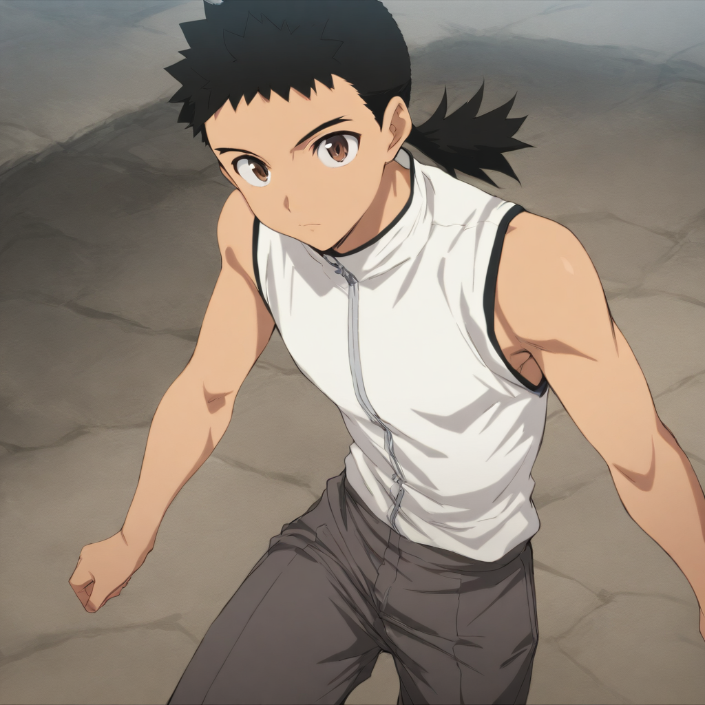solo,looking at viewer,cowboy_shot,masterpiece,high score,great score,absurdres,<lora:Kenshi_Masaki ag4o v1:1> 1boy, kenshi_masaki, black hair, ponytail, brown eyes,sleeveless,white shirt,pants,