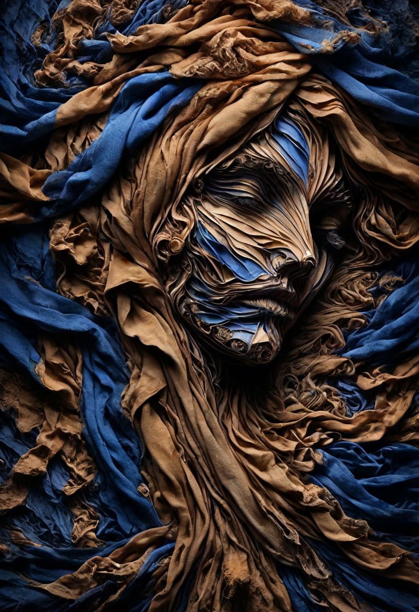 RAW closeup photo, peaceful children face, macro shot, dark blue, orange, gold scarf, masterpiece, colorful details, award winning, high detailed, 8k, natural lighting, analog film, detailed skin, amazing composition, intricate details, subsurface scattering, vellus hairs, amazing textures, soft light