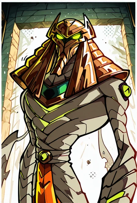 <lora:snareoh-07:1> snareoh, solo, male focus, no humans, 1boy, glowing eyes, green eyes, brown helmet, monster, mask, egyptian clothes,mummy bandages, mummy, massive hands,  Cartoon, dynamic pose <lora:sakfsdajfkasd:1> alpharecdyt, masterpiece, best quality, amazing quality, very aesthetic, absurdres, newest,, upper body, halftone effect, white borders, abstract background:1.2,