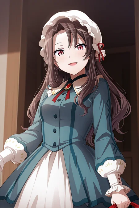 masterpiece, best quality, amazing quality,
<lora:Rui_IL:1> rui, 1girl, solo, red eyes, looking at viewer, brown hair, smile, open mouth, hat, long hair, dress, mob cap, holding, red ribbon, ribbon, white headwear, long sleeves