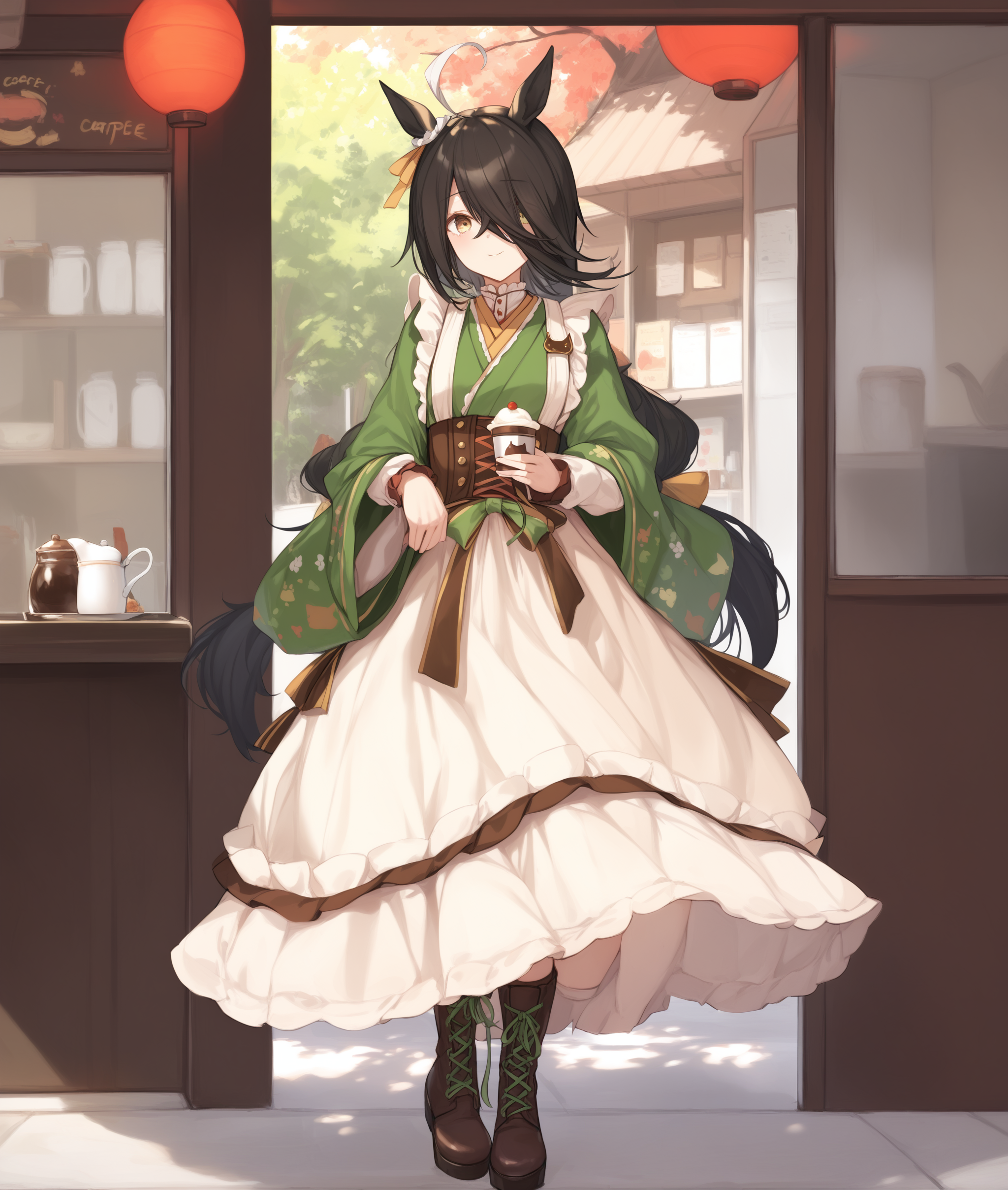 score_9, score_8_up, score_7_up, 2D, anime BREAK
spring, cafe, 
verdant_night, 1girl, solo, looking at viewer, bangs, black hair, dress, animal ears, hair between eyes, standing, full body, yellow eyes, ahoge, boots, japanese clothes, alternate costume, hair over one eye, cosplay, brown footwear, horse ears, horse girl, cross-laced footwear, long bangs, 
<lora:Manhattan Cafe-ponyXL_locon:0.9>,