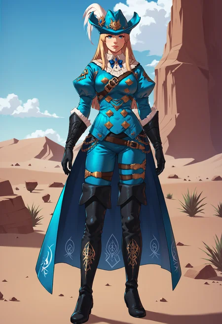 zPDXL,score_9, score_8_up, score_7_up, source_anime, 1girl, solo, full body, standing, desert,
blonde hair, blue eyes, long hair, hime cut,
rdmAf, duelist head, hat feather, duelist body, duelist gloves, duelist pants, duelist cape, duelist boots, <lora:Duelists_Attire_FFXIV-Red_Mage_AF1:.75> (blue clothing:1.5)