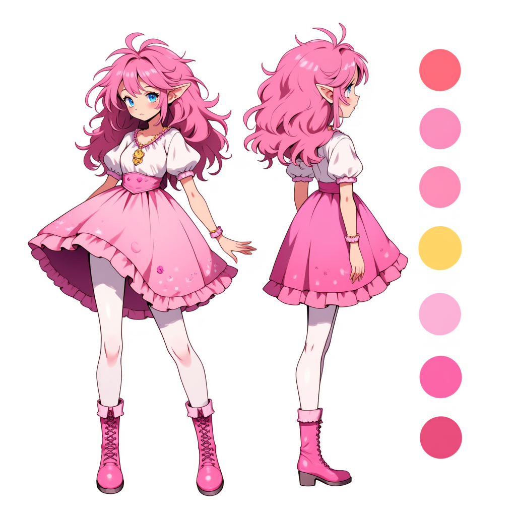 CharacterDesignFLUX,reference sheet,white background,simple background,multiple views, upper body, front, from side, color palette reference, high_detailed, captured in high detail, girl, pink puffy dress with a big skirt, white thighs, pink messy long hair, big boots, beautiful blue eyes, pendant, magic particles