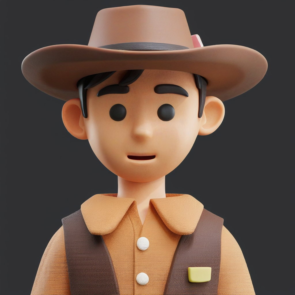 clay style,1boy,solo,short black hair,looking at viewer,cowboy_hat,blouse,upper body,3d,