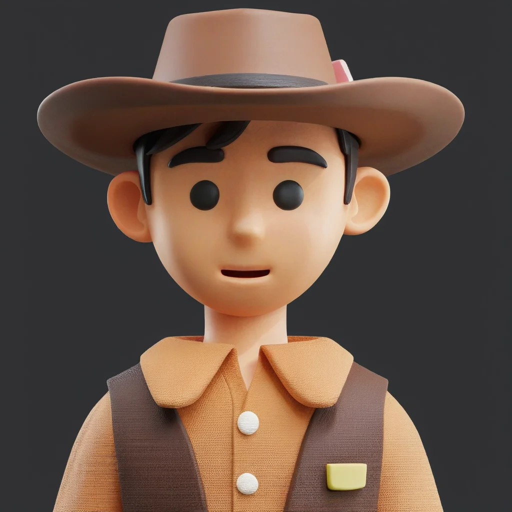 clay style,1boy,solo,short black hair,looking at viewer,cowboy_hat,blouse,upper body,3d,