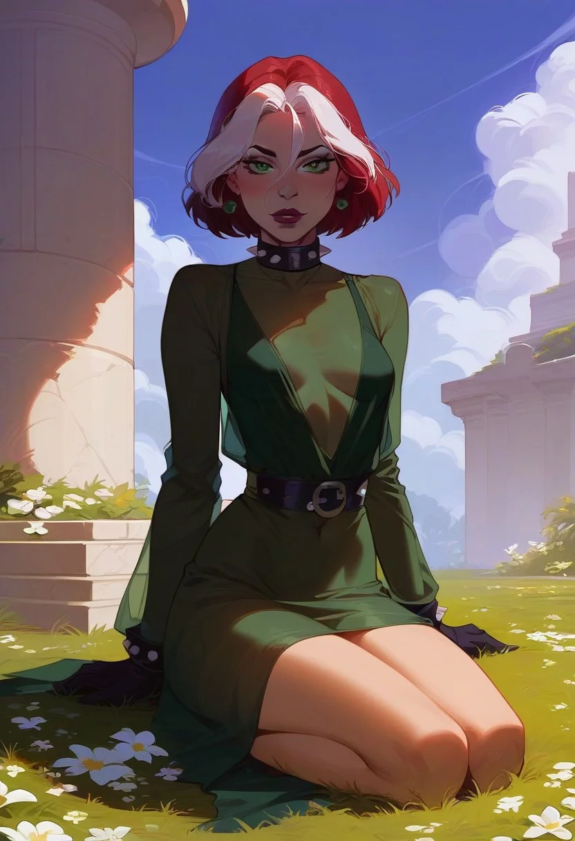 score_9, score_8_up, score_7_up, 1girl, solo, sexy pose, sitting, masterpiece, detailed, high quality, Expressiveh, small breasts,
EVOrogue, makeup, short hair, spiked collar, black gloves, see-through, no bra, green shirt, long sleeves, no skirt
BREAK grass, mansion background