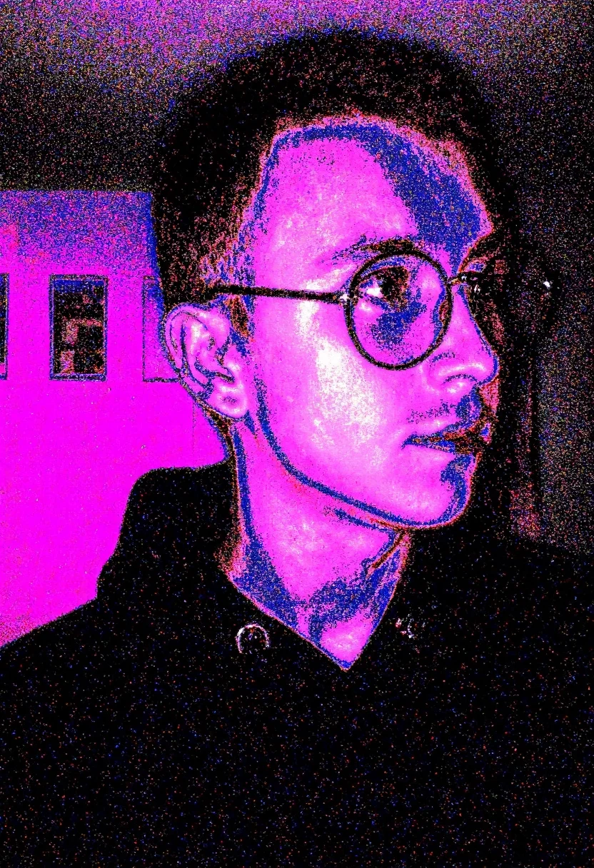 Circuit-bent/glitch art photograph showing a young man, mid-30s, shaved, in an interior setting, dim lighting, wearing a dark hoodie, round glasses, side-facing pose, introspective mood, background with rectangular shapes, frontal angle composition, neon pink and purple palette, prominent digital noise, heavy data bending effect, distinct pixelation patterns, high distortion level, 