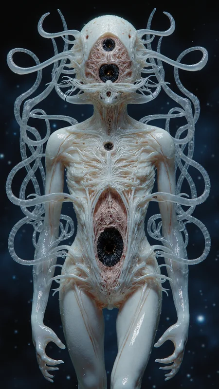 4byss, A being with the basic shape of a human but composed entirely of transparent tissues, revealing swirling cosmic debris flowing through its circulatory system. Its fingers split into dozens of delicate tendrils that can reach through solid matter. Where its eyes should be, there are two slowly rotating black holes that draw in light.