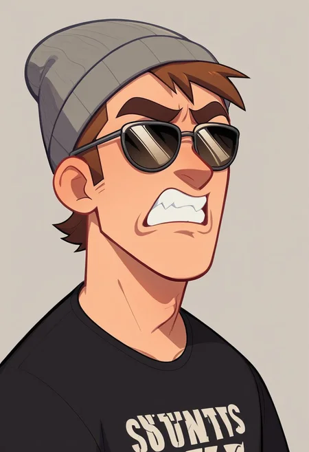 2zdxxps, 1boy, male focus, solo, sunglasses, hat, beanie, grey headwear, teeth, brown hair, shirt, simple background, clenched teeth, black shirt, upper body, 2 dimensional, flat color, cel shading, source_cartoon, vector art, score_9, score_8_up,