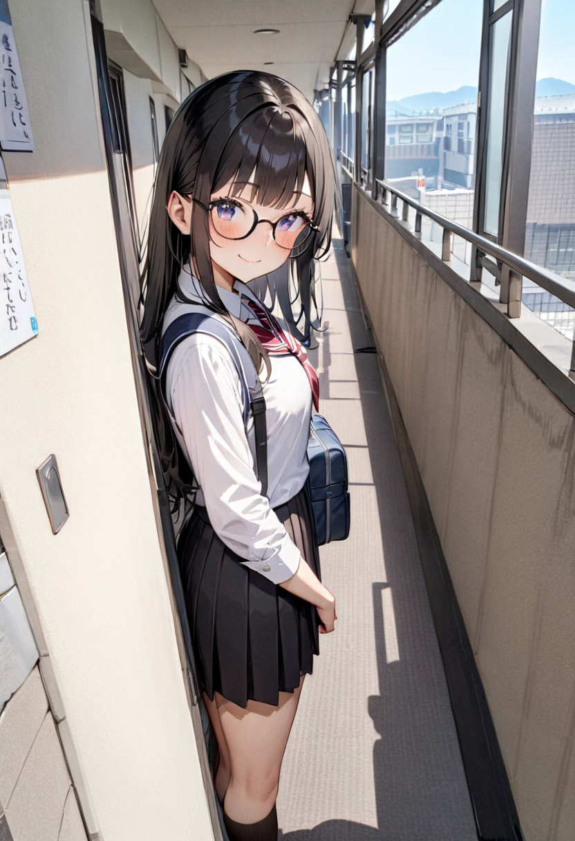masterpiece, best quality, very aesthetic, absurdres,
1girl, glasses, black hair, long hair, school uniform, school bag, smile, blush, solo focus, standing, looking at viewer, 
rouka, hallway, scenery, window, building, day, sky, door, outdoors, blue sky, cityscape, city, real world location, 
 <lora:JProuka_apartment_hallway_SDXL_V1:1>