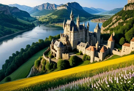 ultra realism, photorealistic image with high quality 8k and above, stable focus on an extremely breathtaking natural landscape of a Gothic castle built on a hill and in it there is a village with stone houses, mountains, lakes, waterfalls, castle, ruins of ancient fortresses, Cathedral, Gothic castle ,village,flower meadows,rocks,wild forest animals,horses,pasture,river,color balance,golden hour,