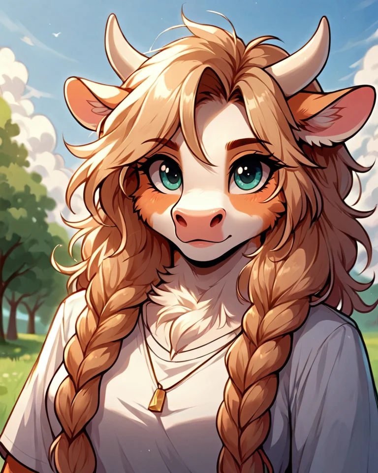 score 9, score 8 up, 1girl, masterpiece, <lora:MegaFluffyPonyV2:1> megafluffypony, fluffy, furry, Cattle, medium shot, outdoors, clothes