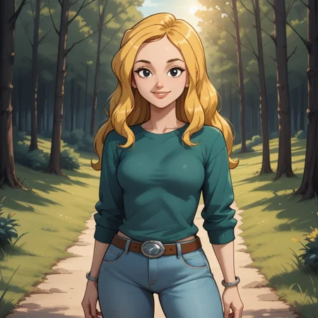 score_9, score_8, BREAK, solo, dark green sweater, cyan undershirt, light blue jeans, belt, bracelet, blonde hair, black eyes, lips, breasts, black and white shoes, total drama, Carrie_(Total_Drama), tdtrr, cute, sexy pose, self portrait, smile, outdoors, sunlight, shadows, evening lighting, natural lighting, forest, trees, grass, orange sky, sunset