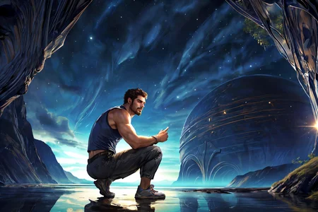 <lora:SyFyEye1_v2.0:.75>, ((SyFyEye1, standing, male focus, reflection, night sky, day, crescent moon, day, ocean, night, sunlight, sunlight, moonlight, milky way, science fiction, planet, river, flying,)), bara, mature, facial hair,  male, (homoerotic), masterpiece, highly detailed face and skin, hyperrealistic, male only, bara, mature, stubble, muscular male, handsome, male focus, light particles,(Balance and coordination between all things),real light and shadow, perspective, composition, adventurous, energy, exploration, contrast, experimental, unique <lora:style_adddetail:.7>
(((from below and from side, squatting))), (detailed background, cinematic, detailed, atmospheric, epic, concept art, masterpiece, best quality, 8k, ultrarealsitc), realistic