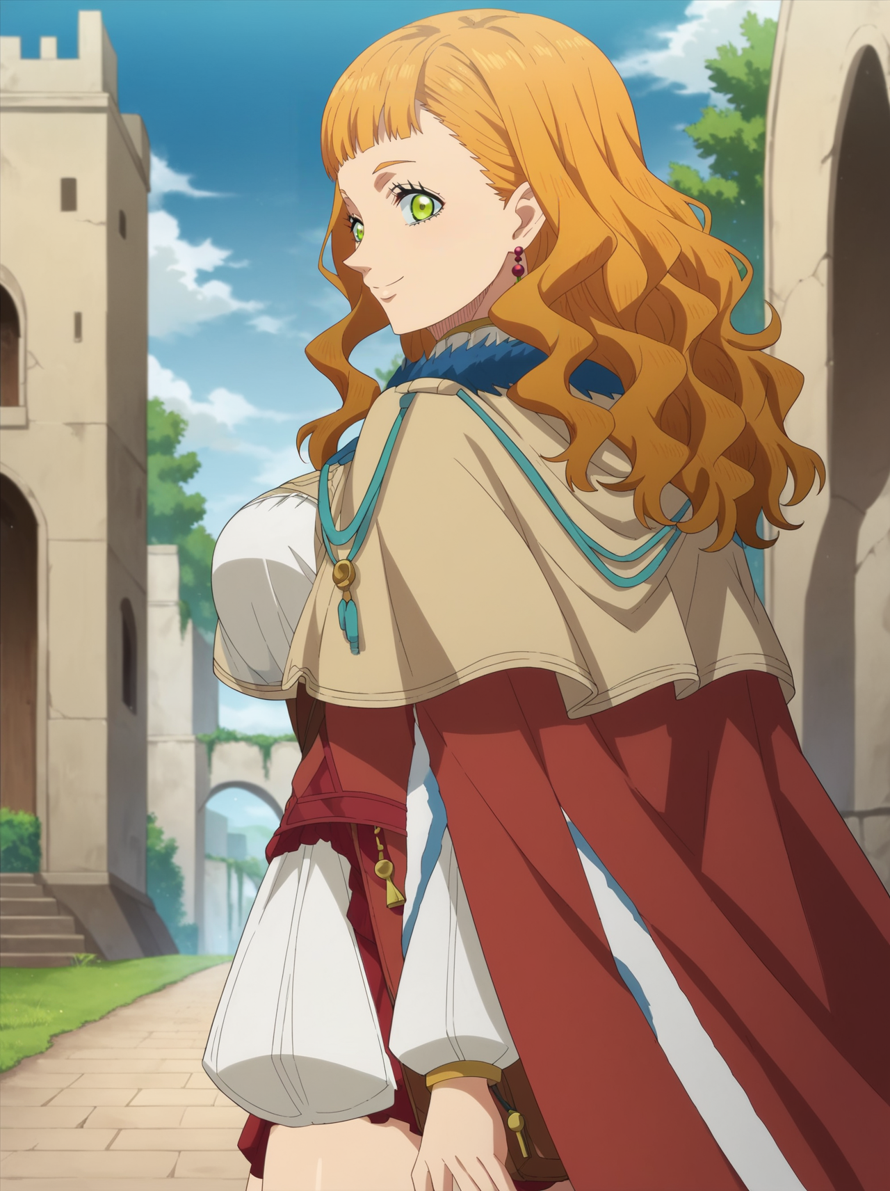 anime artwork score_9, score_8_up, score_7_up, source_anime, 1girl, outdoors,  looking at viewer, large breasts,  standing, thighs, smile,  <lora:Mimosa_Black_Clover:1> mimosa_v, long hair, orange hair, green eyes, jewelry, earrings, wavy hair, cape, looking back,  . anime style, key visual, vibrant, studio anime, highly detailed