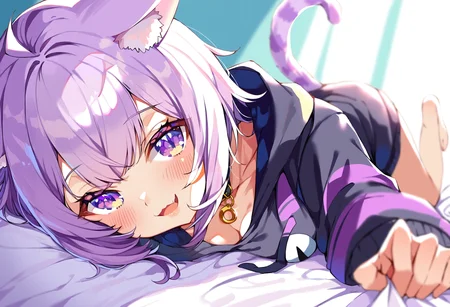 score_9, score_8_up, score_7_up, score_6_up, source anime,
nekomata okayu, nekomata okayu default, animal ear fluff, black hoodie, onigiri print,
1girl, solo, cat tail, lying, looking at viewer, on stomach, collar, open mouth, collarbone, blush, barefoot, bed sheet, smile, downblouse, cleavage, all fours,
depth of field, close-up, soft focus
<lora:nekomata_okayu_v2:1>