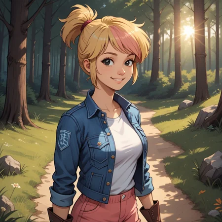 score_9, score_8, BREAK, solo, Crystal_Fuentes_(Rosie_Rules), short blonde hair, high ponytail, pink streak in hair, black eyes, cute face, cute eyes, blue denim jacket, white shirt, pink shorts, dark brown boots, self portrait, smile, looking at viewer, outdoors, sunlight, shadows, evening lighting, natural lighting, forest, trees, grass, orange sky, sunset