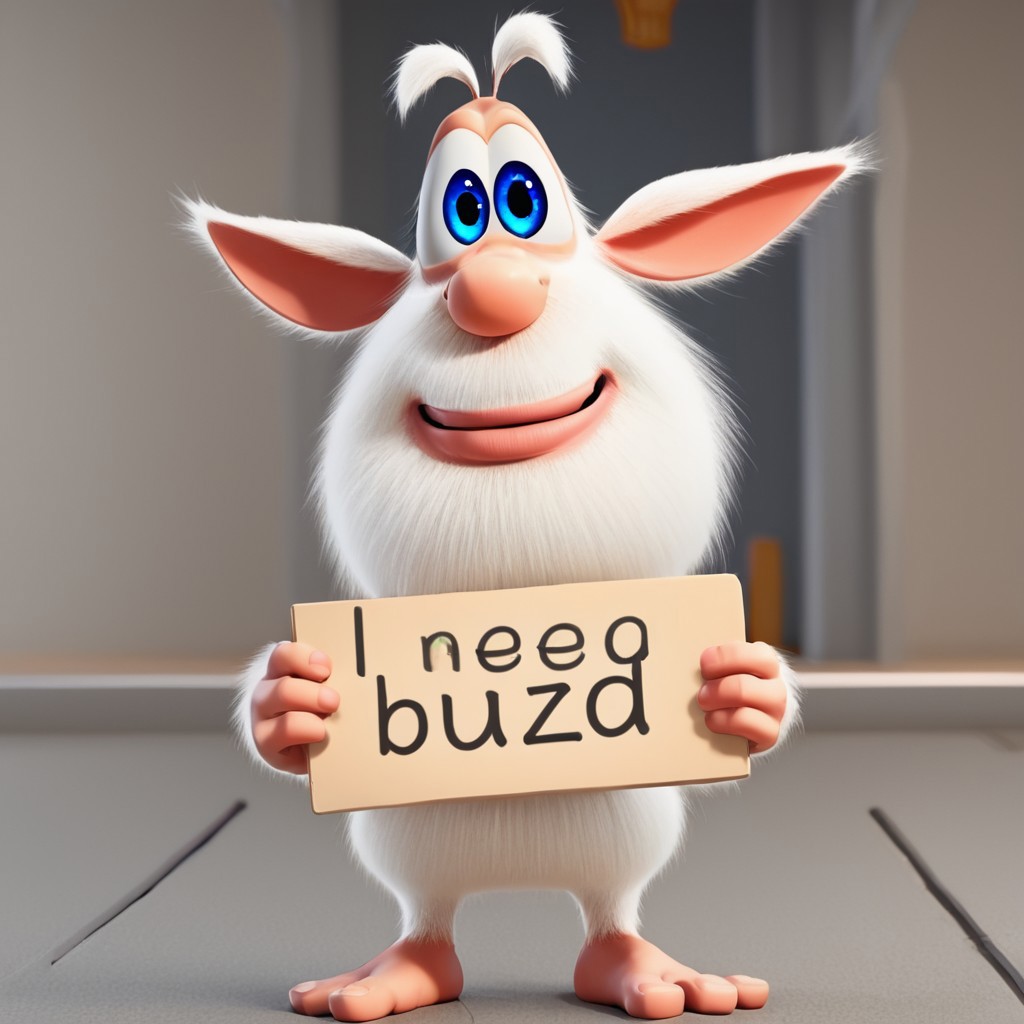 Booba 3D, white body fur, white beard and hair, big blue eyes, prominent nose, wide ears, long tail, hands with 4 fingers, feet with 3 toes, beige body, need_buzz, holding sign