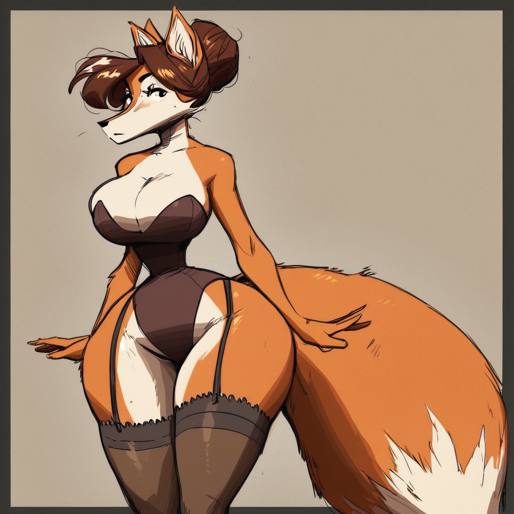 score_9, score_8_up, solo,bare shoulder, bare arms, breasts, leotard, thigh highs,  furry, fluffy, garter straps, cowboy shot , bright colors, (miss fox)(female anthro fox)(tall:1)(hair bun,short brown hair,light orange skin) (whiter face)(fluffy fur)  (thin arms,small waist,big wide hips,big thighs,long legs)