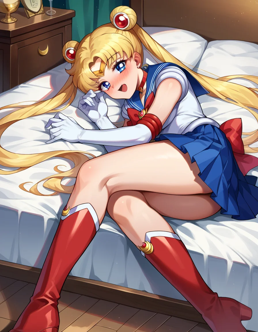score_9, score_8_up, score_7_up, source_anime,
sailormoon, <lora:sailor-moon-ponyxl-lora-nochekaiser:1>
sailor moon, blonde hair, blue eyes, double bun, hair bun, hair ornament, long hair, twintails, circlet, parted bangs,
back bow, blue sailor collar, blue skirt, boots, bow, brooch, choker, crescent moon, elbow gloves, gloves, jewelry, knee boots, magical girl, pleated skirt, red bow, red choker, ribbon, sailor collar, sailor senshi uniform, skirt, white gloves,
indoors, bed, bed room, on side, blush, drunk,
looking at viewer, cowboy shot, dutch angle,