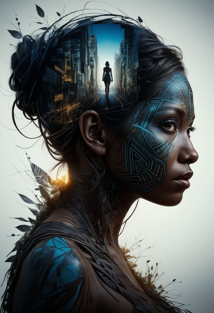mysterious silhouette of a tribal woman, goddess, alluring, by Minjae Lee, Carne Griffiths, Emily Kell, Steve McCurry, Geoffroy Thoorens, Aaron Horkey, Jordan Grimmer, Greg Rutkowski, amazing depth, double exposure, surreal, geometric patterns, intricately detailed, bokeh,  perfect balanced, deep fine borders, artistic photorealism , smooth,  great masterwork by head of prompt engineering   <lora:add-detail-xl:2>  <lora:Double_Exposure:0.5>