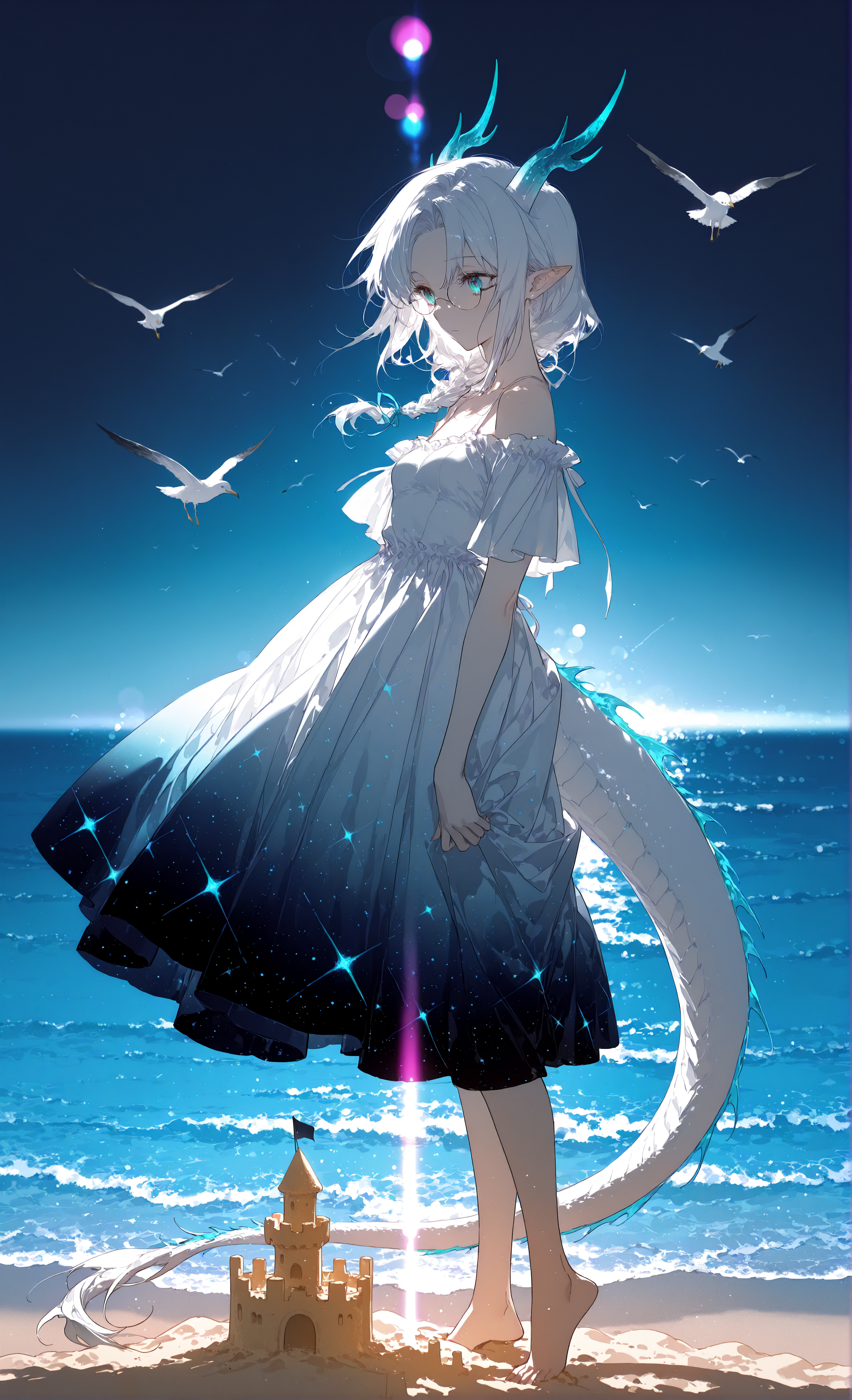 masterpiece, sharp detail, intricate detail, 1girl, (rella, konya karasue), floating hair, mature female, dragon girl, white dragon tail, white dragon horns, white hair, black tips, medium hair, curtained hair, side braid, glasses, pointy ears, aqua eyes, small breasts, ink art, summer dress, bare shoulders, short sleeves, off shoulder, white dress, starry print on dress, gradient dress, from side, bare foot, sand, ocean, seagulls, lens flare, color splash, neon palette,  blue background, gradient background, off-shoulder dress, sand castle,  chiaroscuro, volumetric lighting, dappled light, dramatic shadows, cinematic lighting, detailed background, light and shadow contrast, <lora:aboba_prime_3:0.8>
